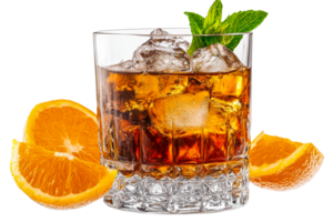 Refreshing beverage on ice with citrus garnish png