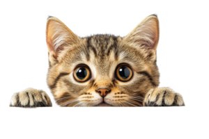 Playful kitten peeking over edge with curious expression png