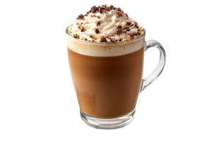 A warm, inviting coffee drink sits in a clear mug png
