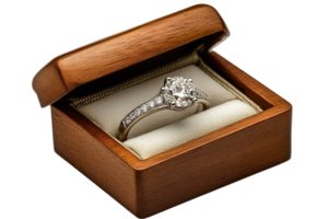 Elegant diamond engagement ring in wooden box png