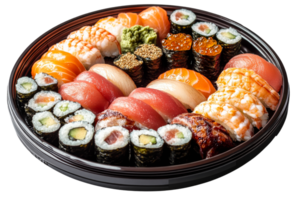 Variety of sushi on a black platter for sharing png