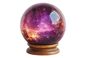 Mystical crystal ball with cosmic design on wooden base png