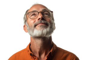 Man with glasses gazes upward with a thoughtful expression png