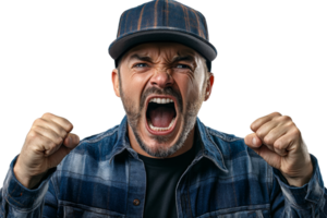 Man expressing intense emotion with a fierce yell png