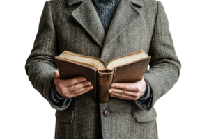 Man in a coat holding an old book with a textured cover png