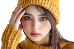 Young woman in yellow knitwear with a cozy expression png