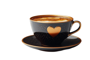 Coffee in heart cup and saucer with gold accent, cut out transparent png