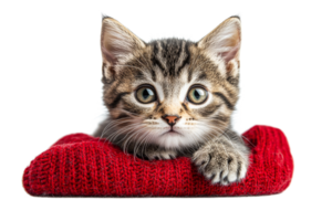 Striped kitten rests in red knitted bed, cut out transparent png