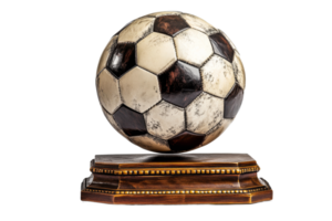 Old soccer ball on wooden stand, isolated, cut out transparent png