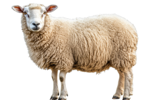 A close-up studio shot of a fluffy sheep looking at camera, cut out transparent png