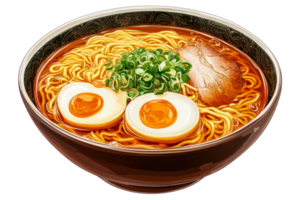 Bowl of delicious ramen soup with egg and meat, cut out transparent png
