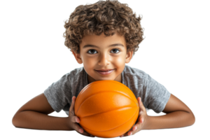 Smiling boy with basketball, childhood sport concept, cut out transparent png