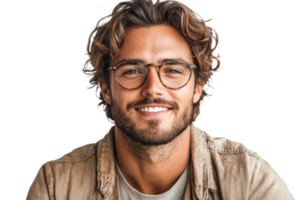 Man with beard and glasses smiles at the camera, cut out transparent png