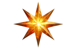 Shiny eight-pointed star in golden light, glow, on black, cut out transparent png
