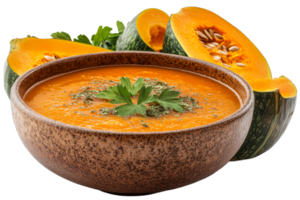 Pumpkin soup with fresh parsley in rustic bowl, cut out transparent png