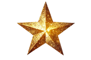 Golden glittering five-pointed star object, isolated over black background, cut out transparent png