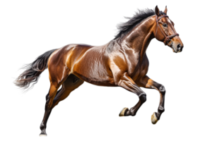 Running brown horse with bridle, free-spirited, dynamic movement , cut out transparent png