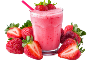 Strawberry smoothie surrounded by berries, a refreshing beverage, cut out transparent png