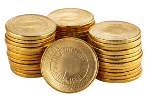 Golden chocolate coins with ornaments in stacks, cut out transparent png