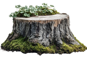 Mossy tree stump in forest, weathered wood texture detail, cut out transparent png