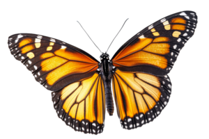 Monarch butterfly isolated on black background, full frame close up, cut out transparent png