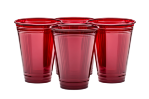 Close-Up of Transparent Red Plastic Party Cups on Black, cut out transparent png