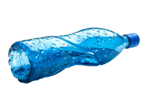 Blue bottle water with drops condensate on black background, cut out transparent png