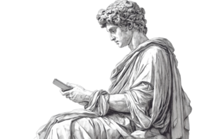 Statue scrolls phone, ancient technology blend, monochrome style, cut out transparent png