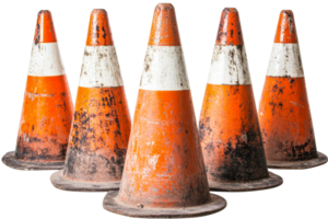 Array of orange traffic cones, cut out transparent png