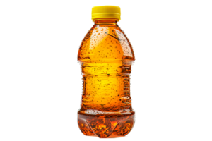 Orange liquid in a bottle with yellow cap, wet condensation, cut out transparent png