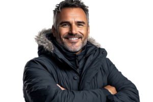 Man in winter jacket smiling, confident pose, cut out transparent png