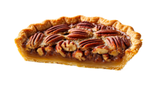 Pecan pie slice close-up, appetizing dessert photography, cut out transparent png