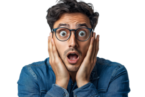 Surprised man face expression, hands on face, open mouth, cut out transparent png