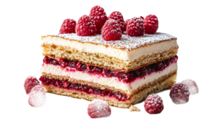 Raspberry cake slice with cream and berry filling, cut out transparent png