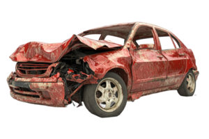 A weathered red car wrecked in accident or crash with front damage, cut out transparent png
