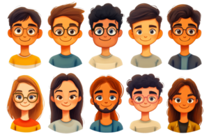 Cartoon portrait of diverse young people with glasses, cut out transparent png