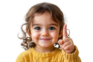Happy girl showing number one gesture, cut out transparent png