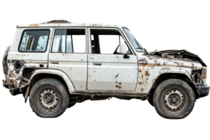 Wrecked White SUV With Rust and Damage, Side View, cut out transparent png