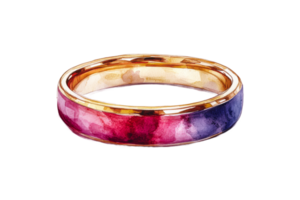 Elegant watercolor golden ring with ruby and sapphire colors, cut out transparent png