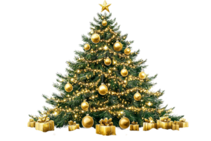 Christmas tree with ornaments, gifts, and lights, cut out transparent png