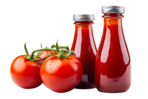 Fresh tomatoes, ketchup bottles, healthy food concept, cut out transparent png