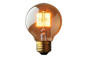 Glowing incandescent lightbulb with spiral filament on black, cut out transparent png