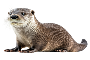 Playful otter with curious gaze on black background, cut out transparent png