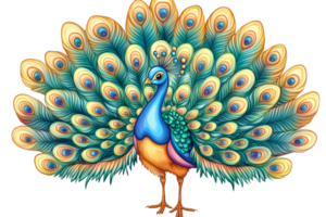 Elegant peacock displaying colorful plumage, cut out transparent png
