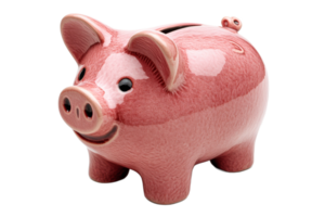 Shiny pink piggy bank with happy face, front view, cut out transparent png