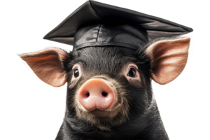 Piglet in Graduation Cap Portrait against Black, Cut Out Transparent png