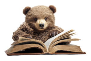 Brown bear is reading an old book with white pages, cut out transparent png