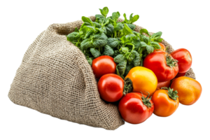 Sack full of ripe tomatoes, fresh herbs, isolated background, cut out transparent png