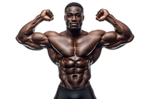 Bodybuilder with bulging muscles flexing for show, cut out transparent png