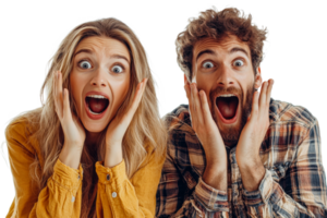 Surprised couple with hands on face and open mouth, cut out transparent png
